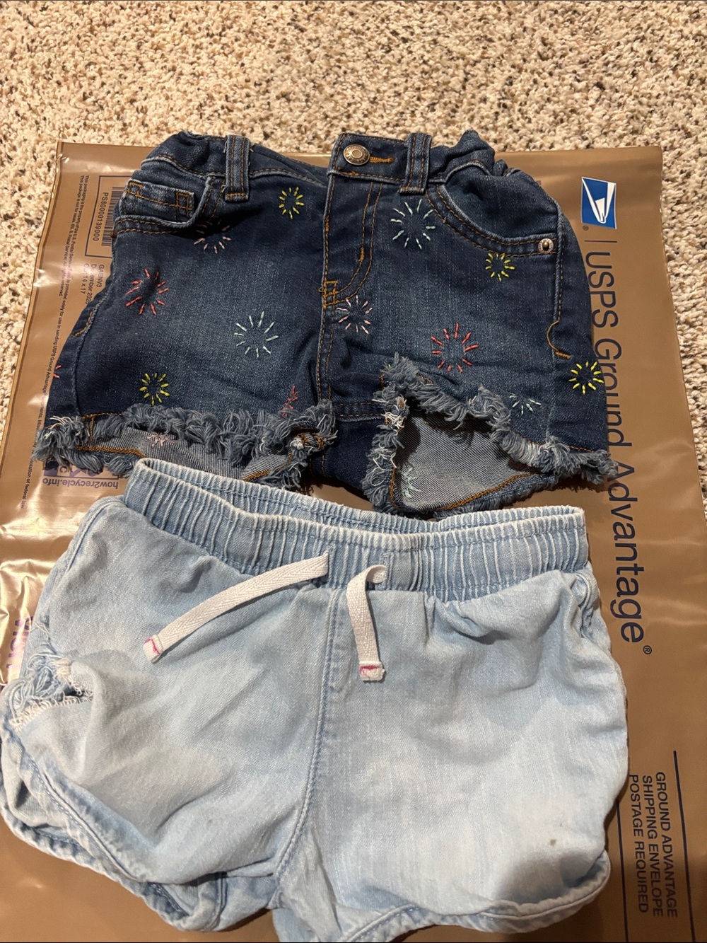Cat & Jack Dark Blue Denim Embroidered Shorts + Light Blue Drawstring Shorts